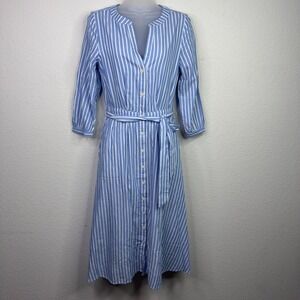 Pact Sunset Shirt Dress Women XS Blue White Stripe Belted Preppy Coastal Minimal